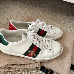 Gucci White Sneakers with Red and Green Accents